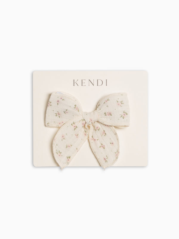 Muslin Bow Clip - Camellia Floral / Shell + Fern