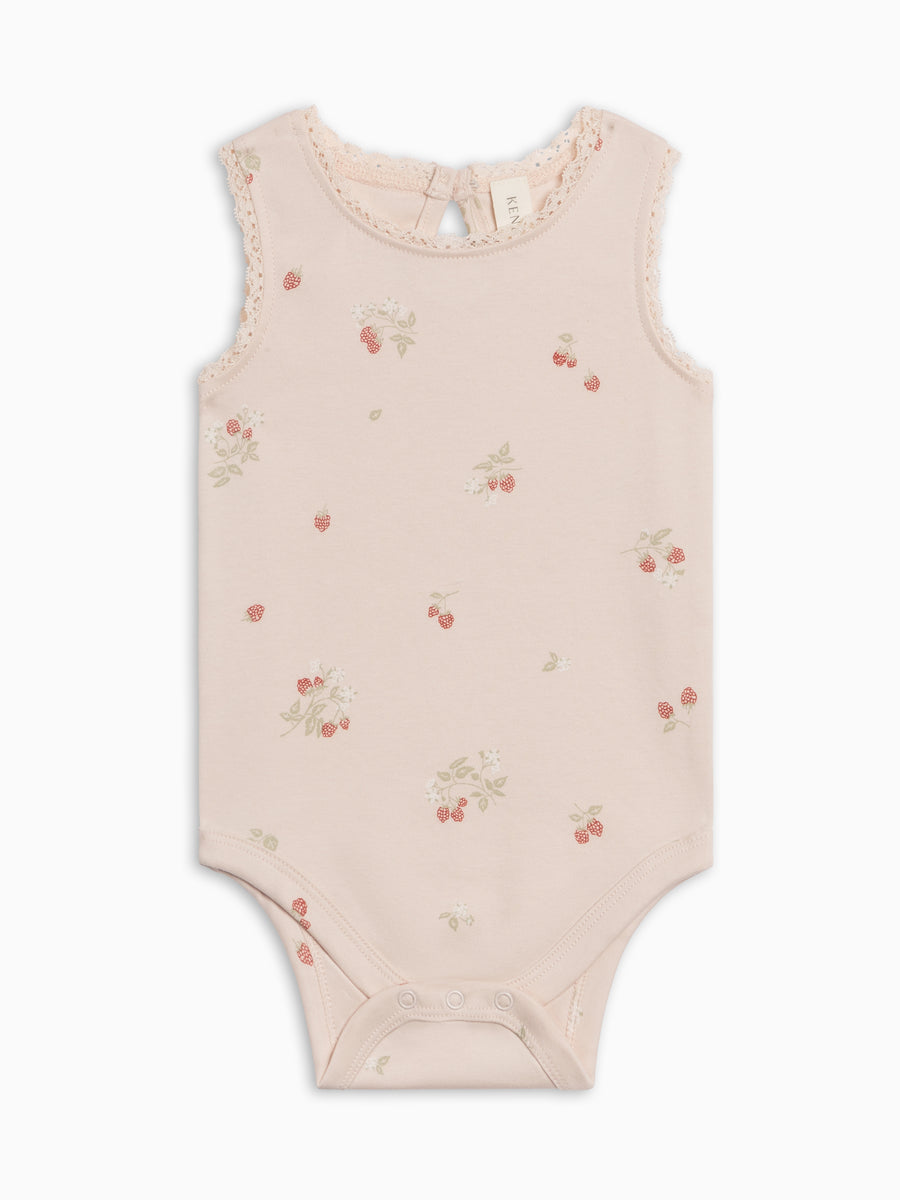 Luna Lace Tank Bodysuit - Raspberries / Shell + Mint Baby : One Pieces : Bodysuits : Short Sleeves Kendi PRE ORDER Luna Lace Tank Bodysuit | Colored Organics®