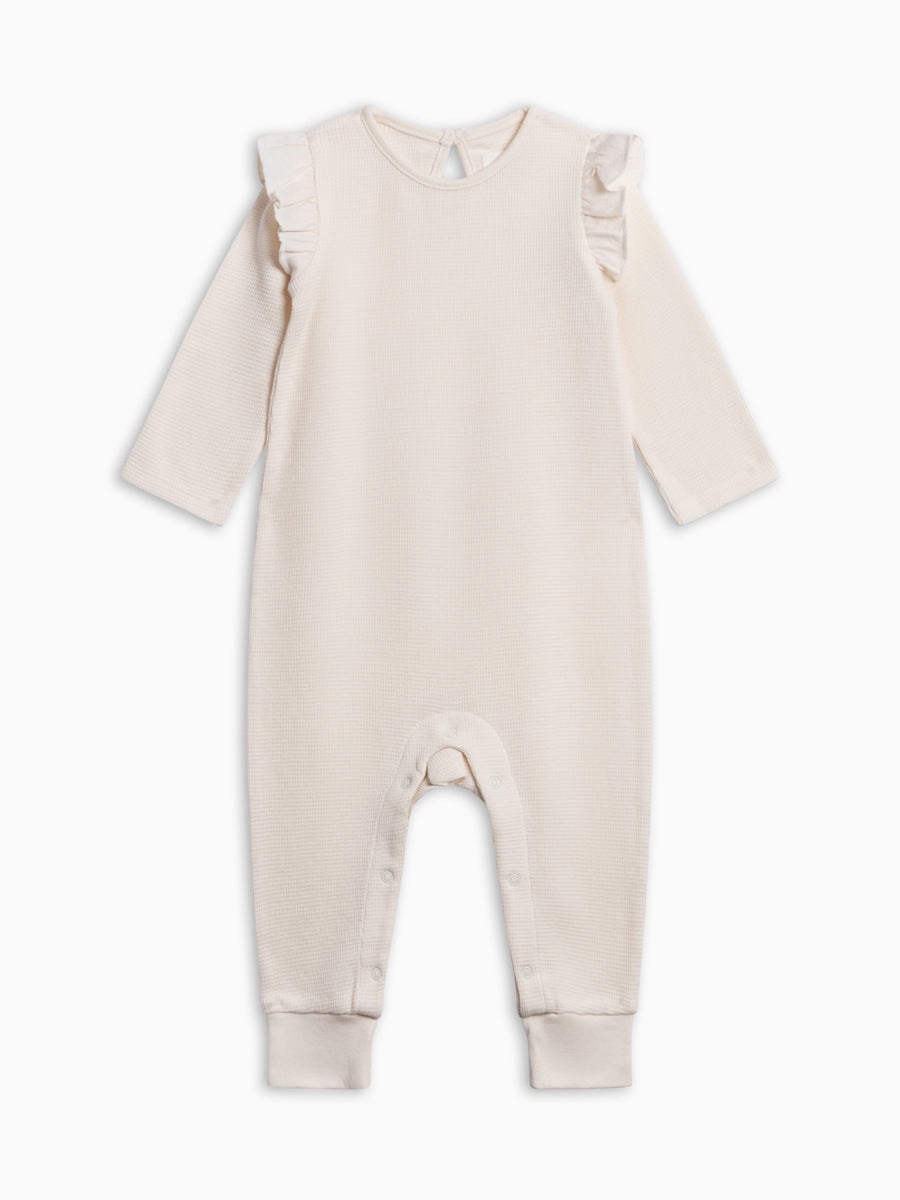 Mila Waffle Knit Flutter Sleeve Romper - Ivory Baby : One Pieces : Rompers : Long Sleeves KENDI by Colored Organics Mila Waffle Knit Flutter Sleeve Romper | Colored Organics®