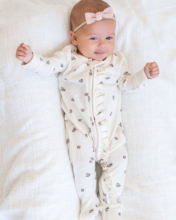 Neve Ruffle Zipper Footie Sale : Baby : One Pieces : Sleepers : Long Sleeves Colored Organics Organic Cotton Neve Ruffle Zipper Sleeper for Newborn and Baby Girls