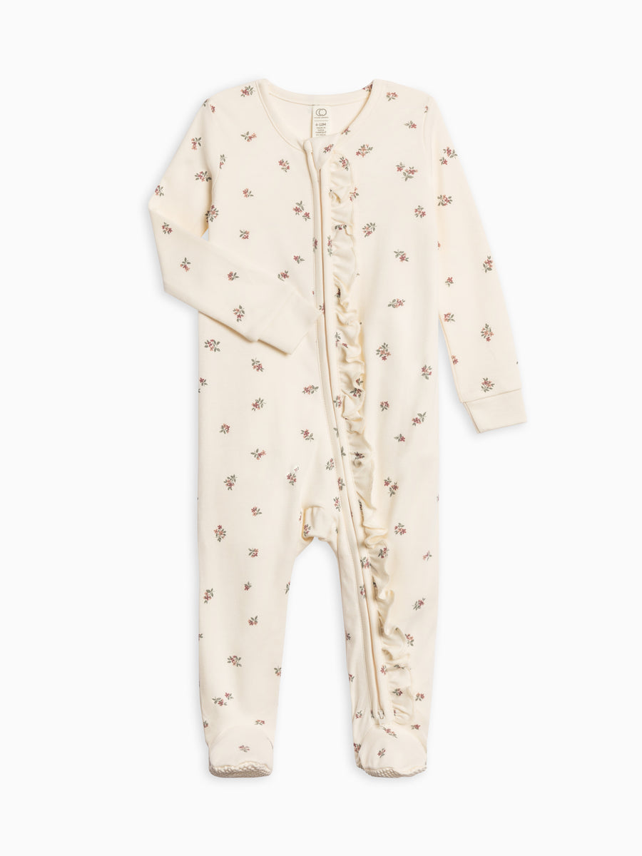 Neve Ruffle Zipper Footie Sale : Baby : One Pieces : Sleepers : Long Sleeves Colored Organics Organic Cotton Neve Ruffle Zipper Sleeper for Newborn and Baby Girls