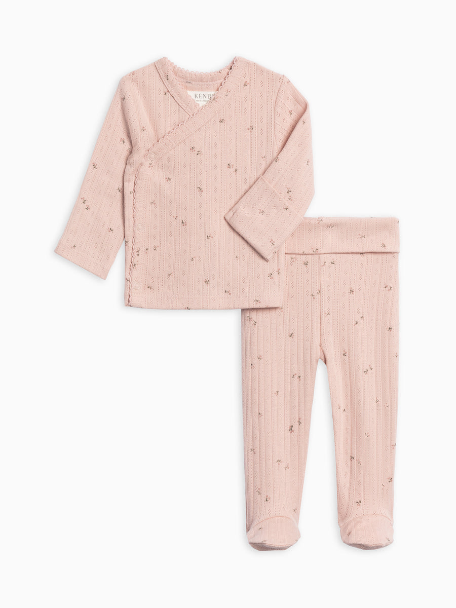 2-Piece Lacey Brushed Back Pointelle Kimono Top and Pant Set Baby : Virtual Set : Bottoms : Pants : One Pieces : Kimono Bodysuits : Long Sleeves Kendi Organic Cotton Baby 2-Piece Lacey Pointelle Kimono Top and Pant Set