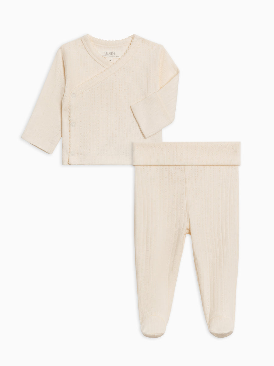 2-Piece Lacey Brushed Back Pointelle Kimono Top and Pant Set Baby : Virtual Set : Bottoms : Pants : One Pieces : Kimono Bodysuits : Long Sleeves Kendi Organic Cotton Baby 2-Piece Lacey Pointelle Kimono Top and Pant Set