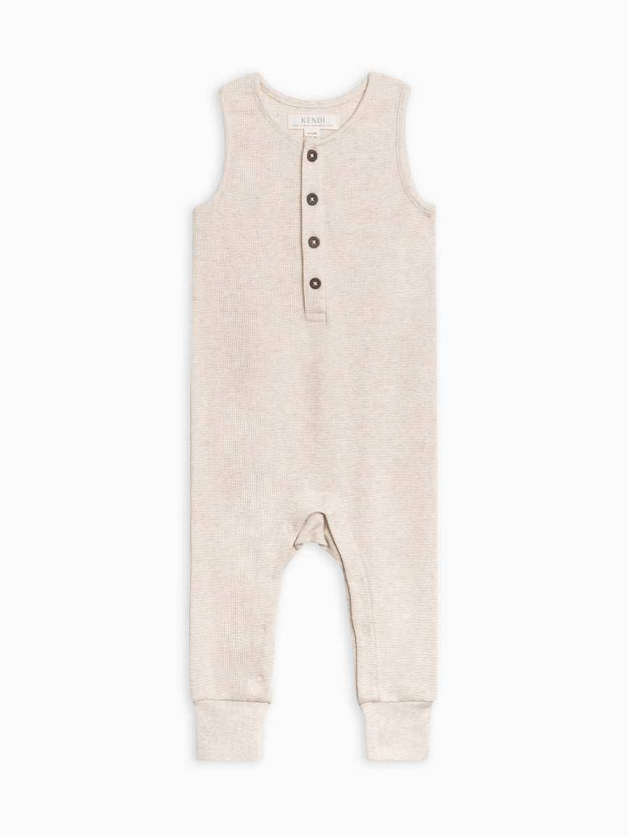 PRE ORDER Wade Waffle Tank Romper - Heather Oat Baby : One Pieces : Rompers : Tanks Kendi Organic Cotton Baby Wade Waffle Tank Romper
