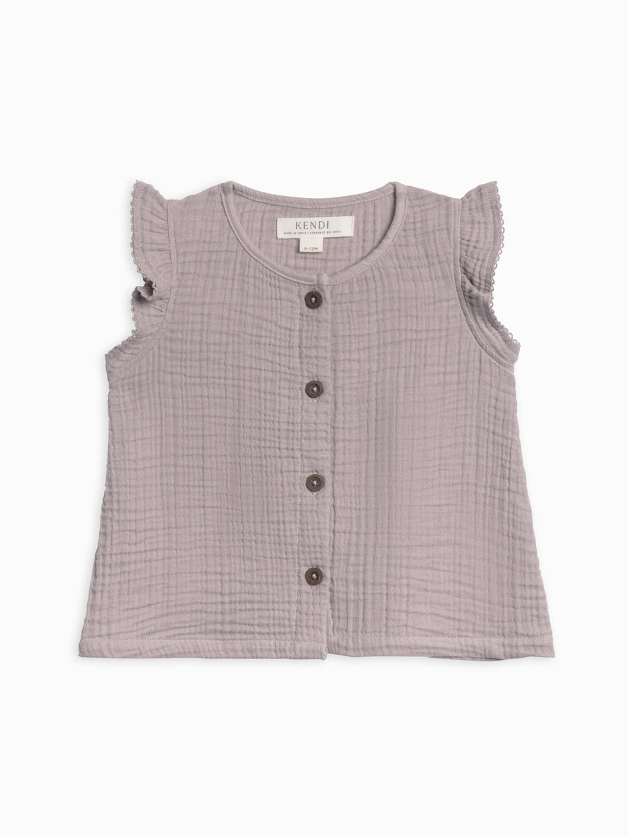 Tessa Muslin Button Front Ruffle Sleeve Top Baby-Kids : Tops : Shirts : Short Sleeves Kendi Organic Cotton Baby and Kids Tessa Muslin Button Front Ruffle Sleeve Top