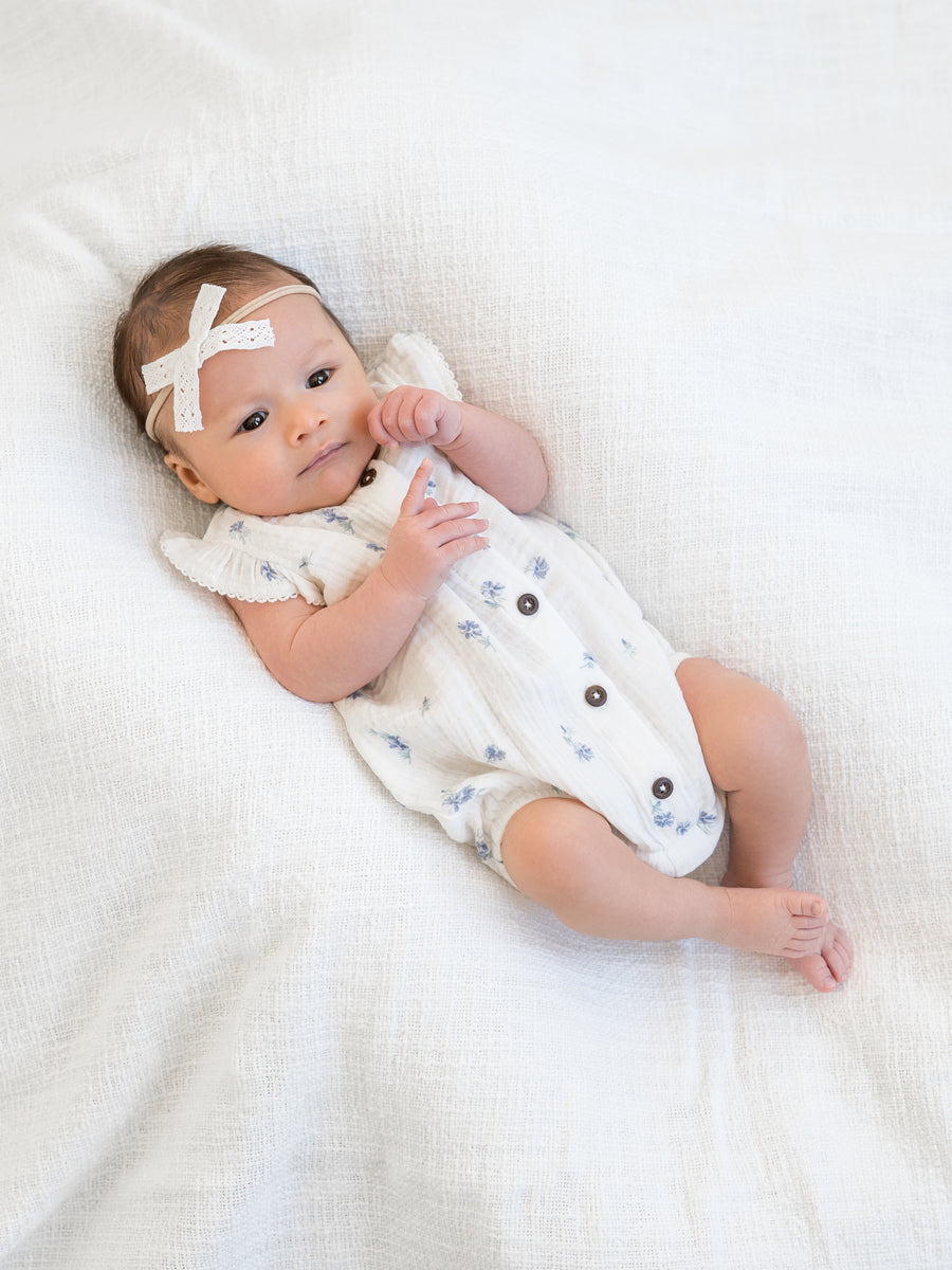 Coco Muslin Button Front Bubble Romper Baby : One Pieces : Rompers : Short Sleeves Kendi Organic Cotton Baby Coco Muslin Button Front Bubble Romper