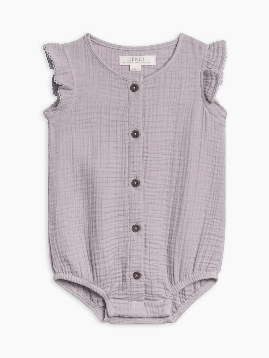 Coco Muslin Button Front Bubble Romper Baby : One Pieces : Rompers : Short Sleeves Kendi Organic Cotton Baby Coco Muslin Button Front Bubble Romper
