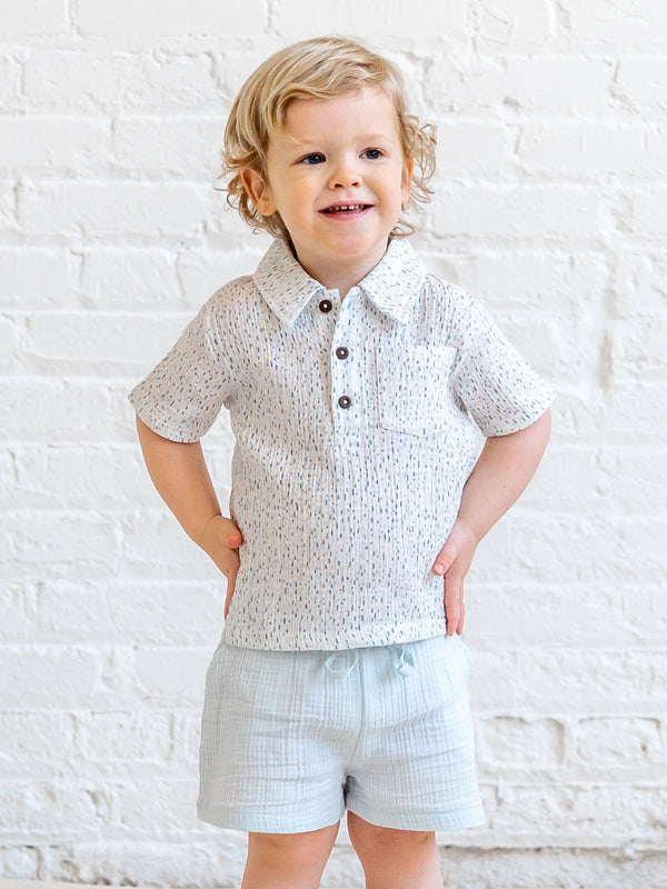 Ezra Muslin Henley - Pinehurst / Powder + Shell Baby-Kids : Tops : Shirts : Short Sleeves KENDI by Colored Organics Organic Cotton Baby and Kids Ezra Muslin Short Sleeve Henley