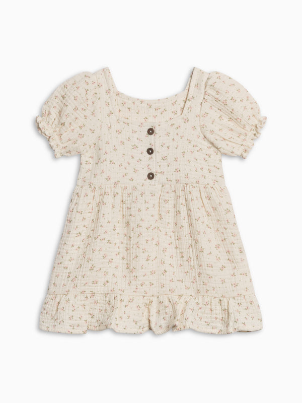 Celine Muslin Square Neck Dress - Camellia Floral / Shell + Fern Baby-Kids : Dresses : Short Sleeves Kendi Organic Cotton Baby and Kids Celine Muslin Dress