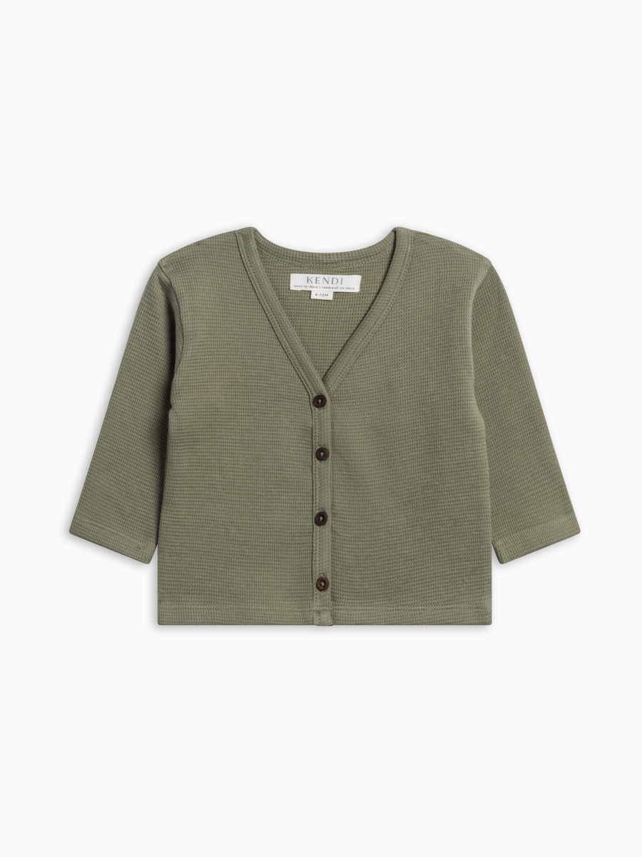 PRE ORDER Wells Waffle Knit Button Cardigan - Fern Baby-Kids : Tops : Cardigans : Long Sleeves KENDI by Colored Organics Wells Waffle Knit Button Cardigan | Colored Organics®