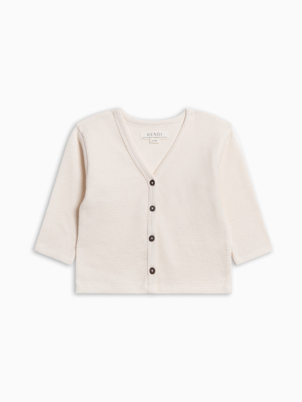 PRE ORDER Wells Waffle Knit Button Cardigan - Ivory Baby-Kids : Tops : Cardigans : Long Sleeves KENDI by Colored Organics Wells Waffle Knit Button Cardigan | Colored Organics®