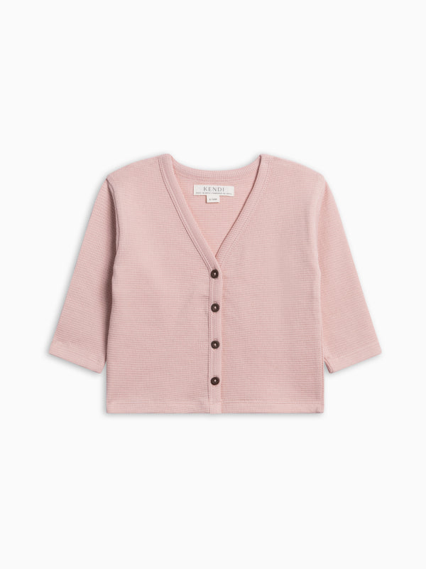 PRE ORDER Wells Waffle Knit Button Cardigan - Petal Pink Baby-Kids : Tops : Cardigans : Long Sleeves KENDI by Colored Organics Wells Waffle Knit Button Cardigan | Colored Organics®