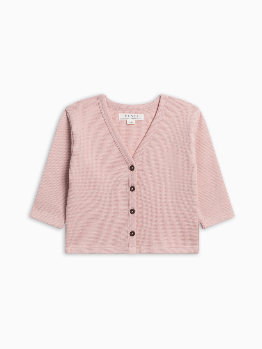 PRE ORDER Wells Waffle Knit Button Cardigan - Petal Pink Baby-Kids : Tops : Cardigans : Long Sleeves KENDI by Colored Organics Wells Waffle Knit Button Cardigan | Colored Organics®
