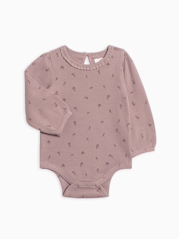 Langley Waffle Knit Lace Neckline Bodysuit Baby : One Pieces : Bodysuits : Long Sleeves Kendi Organic Cotton Baby Langley Waffle Knit Lace Neckline Bodysuit