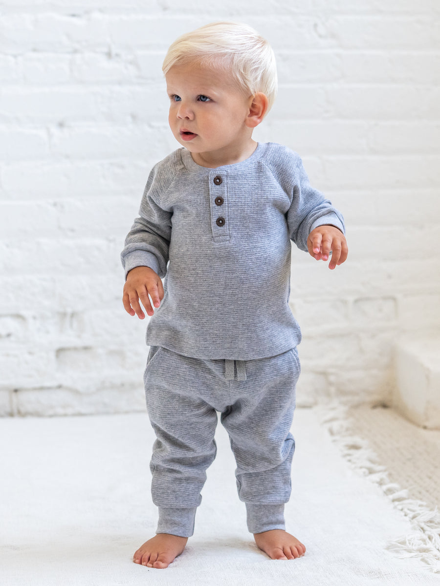 Jones Waffle Knit Henley Raglan Shirt - Ashen Baby-Kids : Tops : Tees : Long Sleeves KENDI by Colored Organics Jones Waffle Knit Henley Raglan Shirt | Colored Organics®