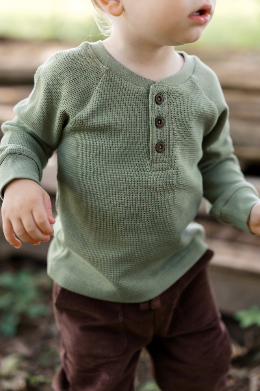 Jones Waffle Knit Henley Raglan Shirt - Fern