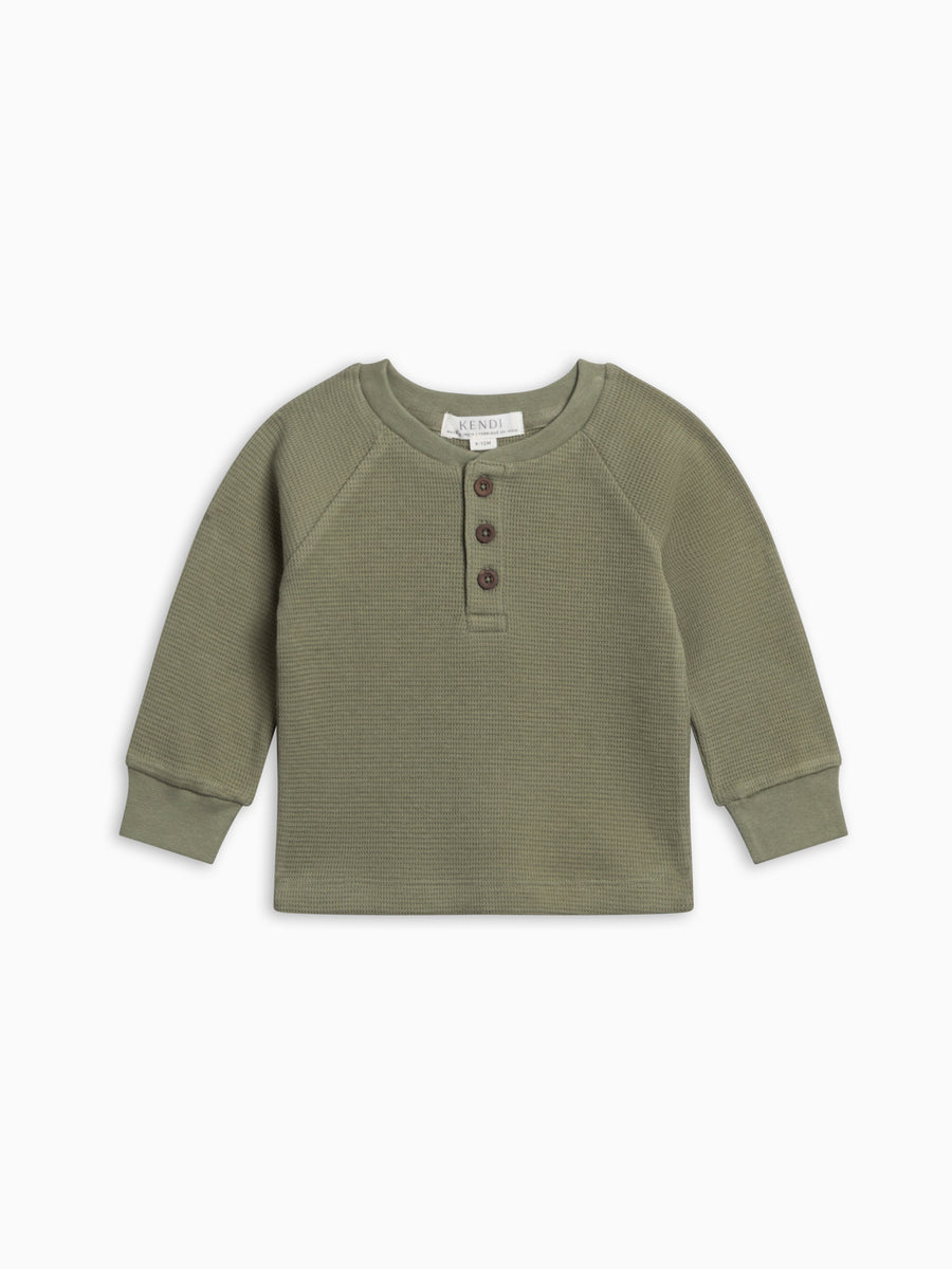 Jones Waffle Knit Henley Raglan Shirt - Fern