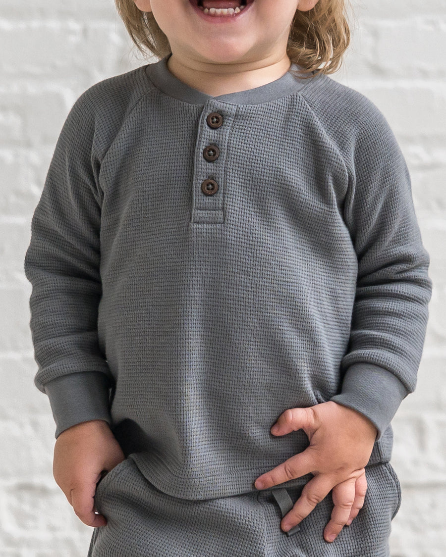 Jones Waffle Knit Henley Raglan Shirt Baby-Kids : Tops : Tees : Long Sleeves Kendi Organic Cotton Baby and Kids Jones Waffle Knit Henley Raglan Shirt