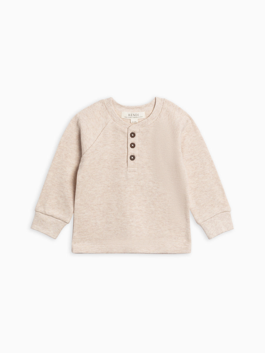 Jones Waffle Knit Henley Raglan Shirt Baby-Kids : Tops : Tees : Long Sleeves Kendi Organic Cotton Baby and Kids Jones Waffle Knit Henley Raglan Shirt