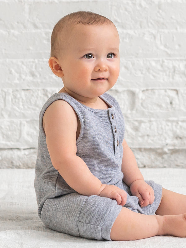 Percy Waffle Short Romper - Ashen Baby : One Pieces : Rompers : Tanks KENDI by Colored Organics Baby Percy Waffle Short Romper - Ashen | Colored Organics®
