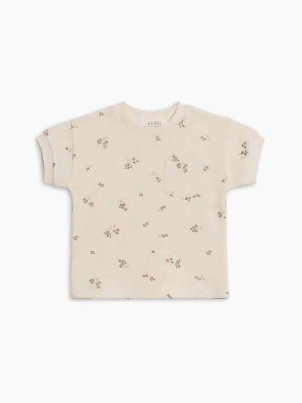 Bailey Waffle Pocket Tee - Sylva Floral / Fog + Fern Baby-Kids : Tops : Tees : Short Sleeves KENDI by Colored Organics Bailey Waffle Pocket Tee - Sylva Floral | Colored Organics®