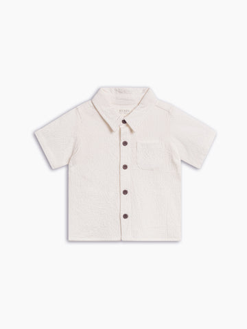 Landon Seersucker Collared Button Down Shirt - Coconut Baby-Kids : Tops : Shirts : Short Sleeves Kendi Organic Cotton Baby and Kids Landon Seersucker Collared Button Down Shirt