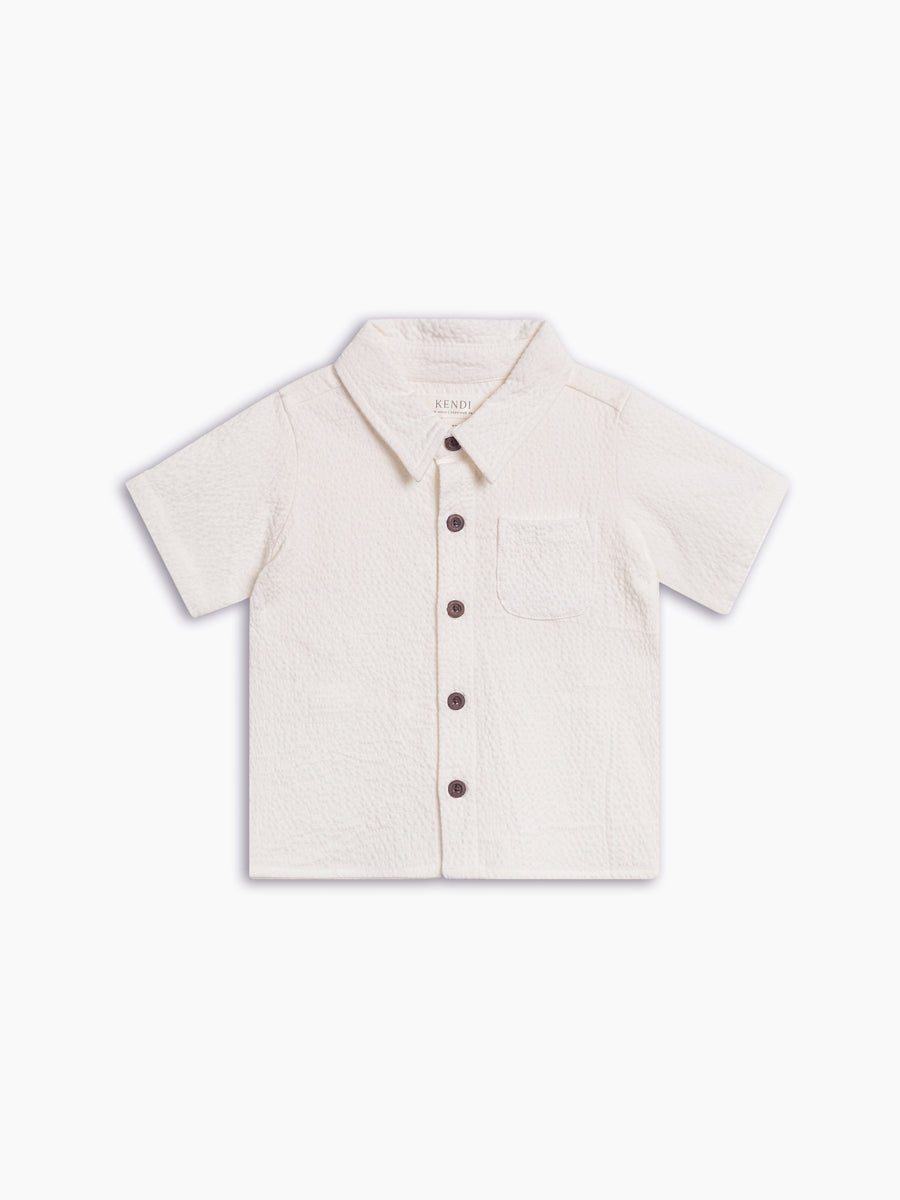 Landon Seersucker Collared Button Down Shirt - Coconut Baby-Kids : Tops : Shirts : Short Sleeves Kendi Organic Cotton Baby and Kids Landon Seersucker Collared Button Down Shirt