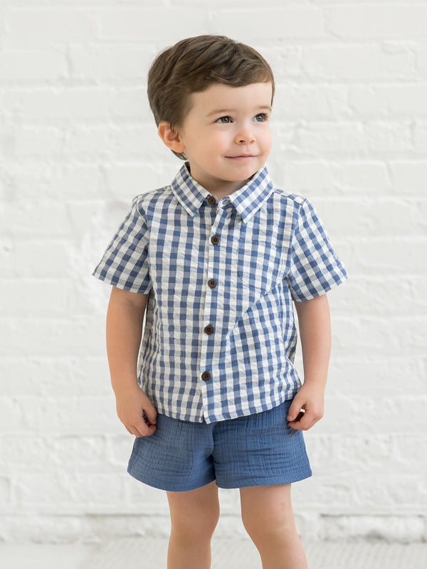 Landon Seersucker Collared Button Down Shirt Baby-Kids : Tops : Shirts : Short Sleeves Kendi Organic Cotton Baby and Kids Landon Seersucker Collared Button Down Shirt