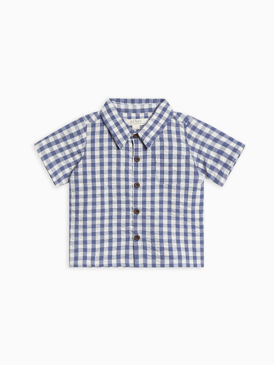 Landon Seersucker Collared Button Down Shirt Baby-Kids : Tops : Shirts : Short Sleeves Kendi Organic Cotton Baby and Kids Landon Seersucker Collared Button Down Shirt