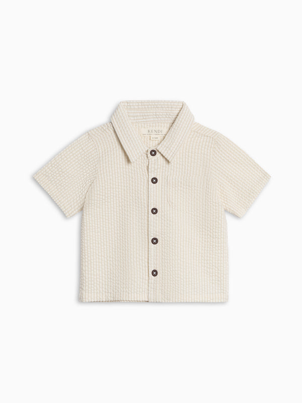 Landon Seersucker Collared Button Down Shirt - Dune Stripe Baby-Kids : Tops : Shirts : Short Sleeves KENDI by Colored Organics Landon Seersucker Collared Button Down | Colored Organics®