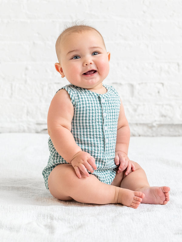 Wren Seersucker Bubble Romper - Laguna Gingham