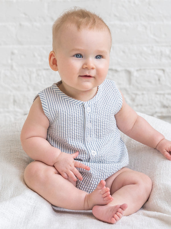 Wren Seersucker Bubble Romper - Shore Stripe / Sea