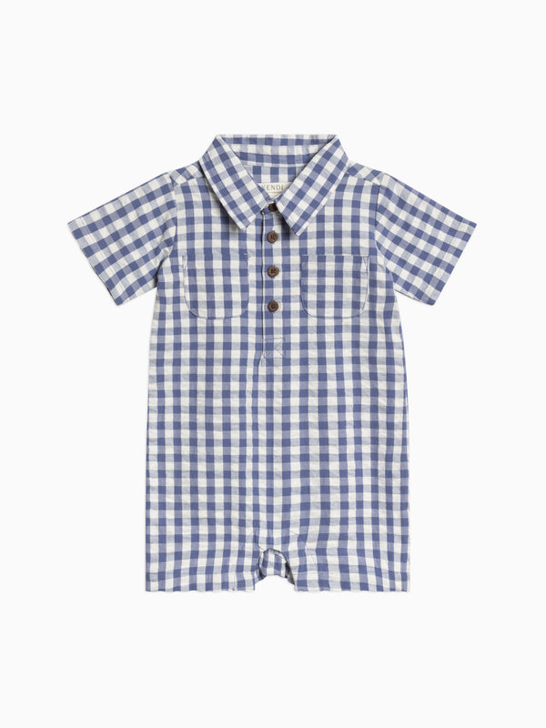 Mato Seersucker Collared Romper Baby : One Pieces : Rompers : Short Sleeves Kendi Organic Cotton Baby Mato Seersucker Collared Romper