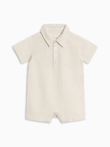 Mato Seersucker Collared Romper - Dune Stripe Baby : One Pieces : Rompers : Short Sleeves KENDI by Colored Organics Organic Cotton Baby Mato Seersucker Collared Romper