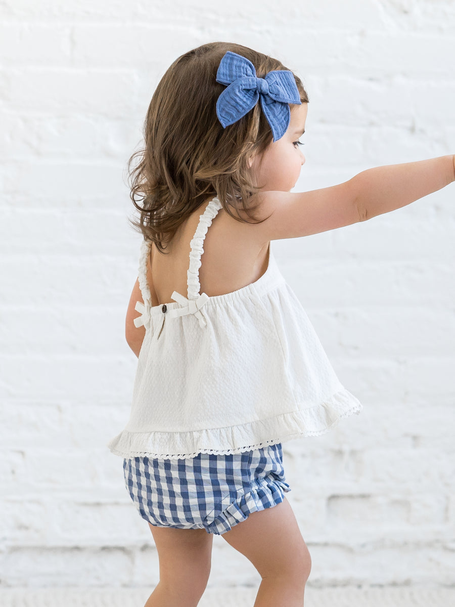 Helena Seersucker Ruffle Bloomer Baby : Bottoms : Shorts Kendi Organic Cotton Baby Helena Seersucker Ruffle Bloomer