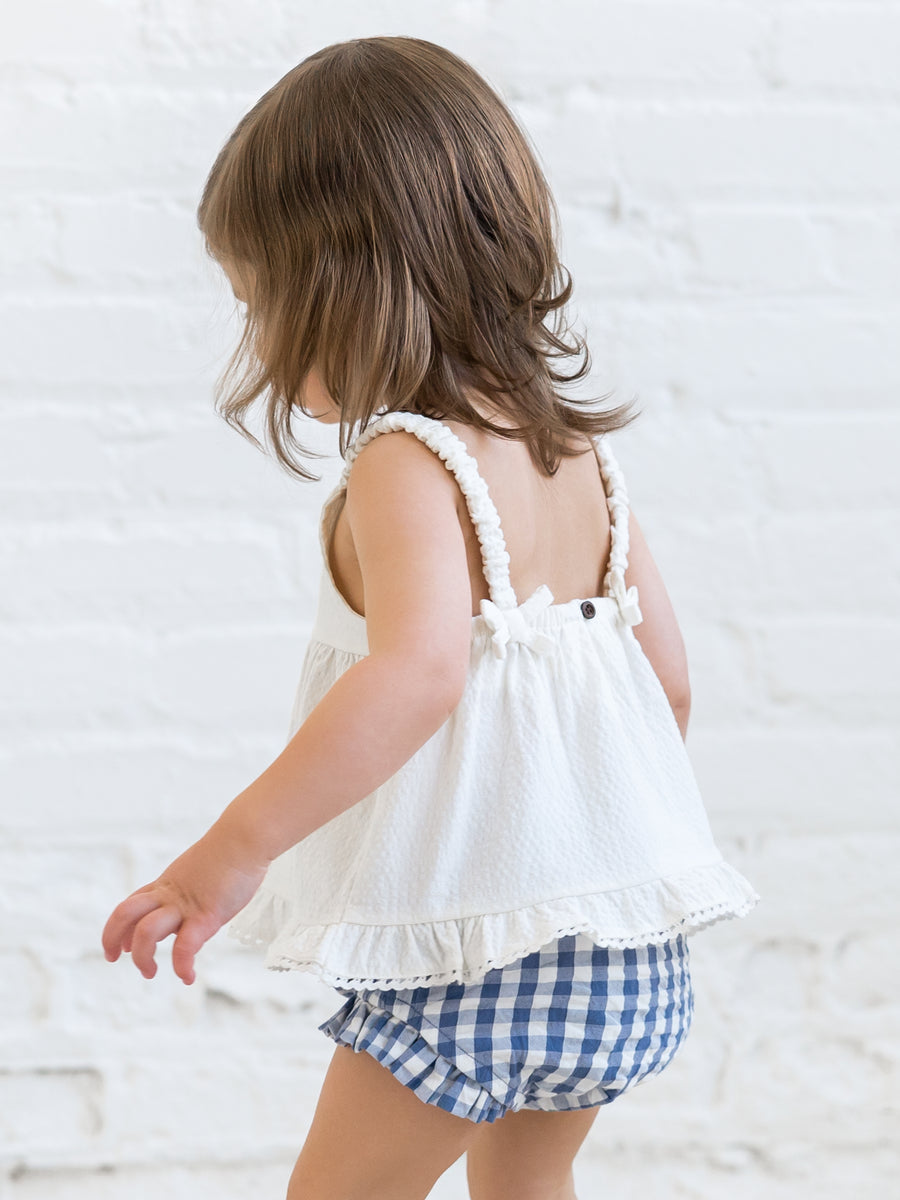 Helena Seersucker Ruffle Bloomer Baby : Bottoms : Shorts Kendi Organic Cotton Baby Helena Seersucker Ruffle Bloomer