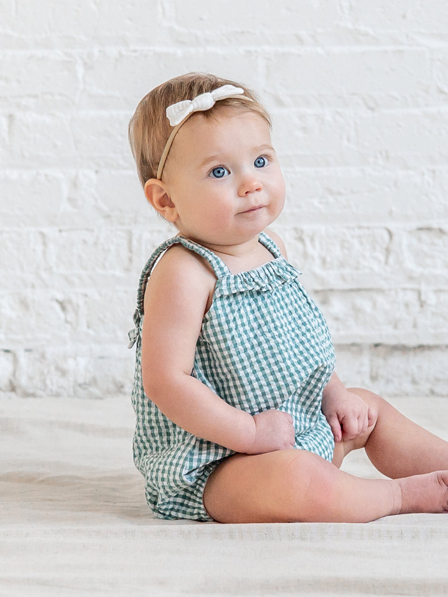Rosalie Seersucker Ruffle Bubble Romper - Laguna Gingham