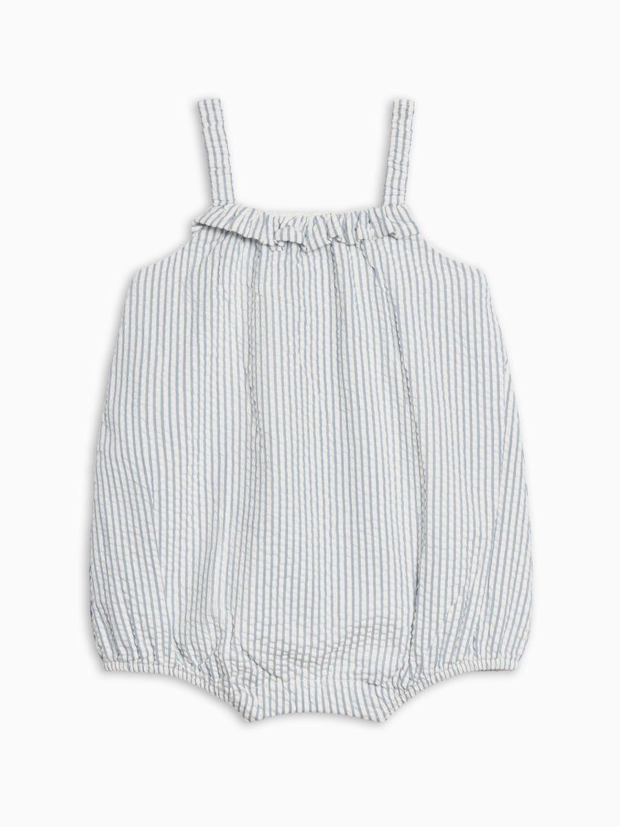 Rosalie Seersucker Ruffle Bubble Romper - Shore Stripe / Sea