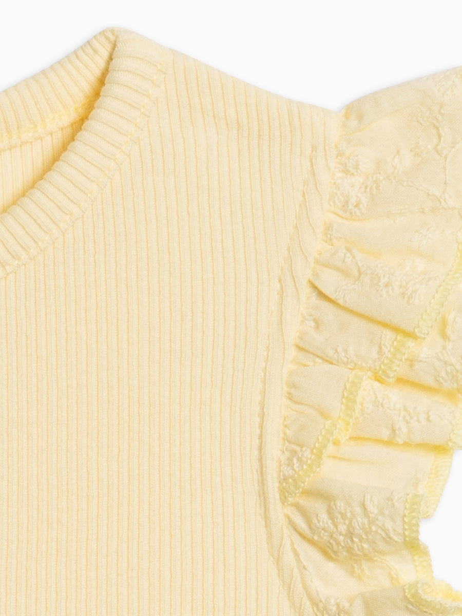 Maggie Ribbed Short Sleeve Bodysuit with Eyelet Ruffle Baby : One Pieces : Bodysuits : Short Sleeves Kendi Organic Cotton Baby Maggie Ribbed Short Sleeve Bodysuit with Eyelet Ruffle