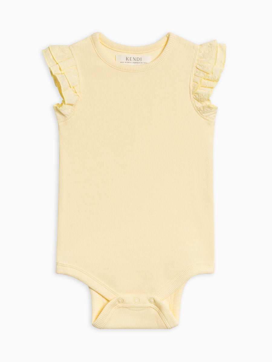 Maggie Ribbed Short Sleeve Bodysuit with Eyelet Ruffle Baby : One Pieces : Bodysuits : Short Sleeves Kendi Organic Cotton Baby Maggie Ribbed Short Sleeve Bodysuit with Eyelet Ruffle