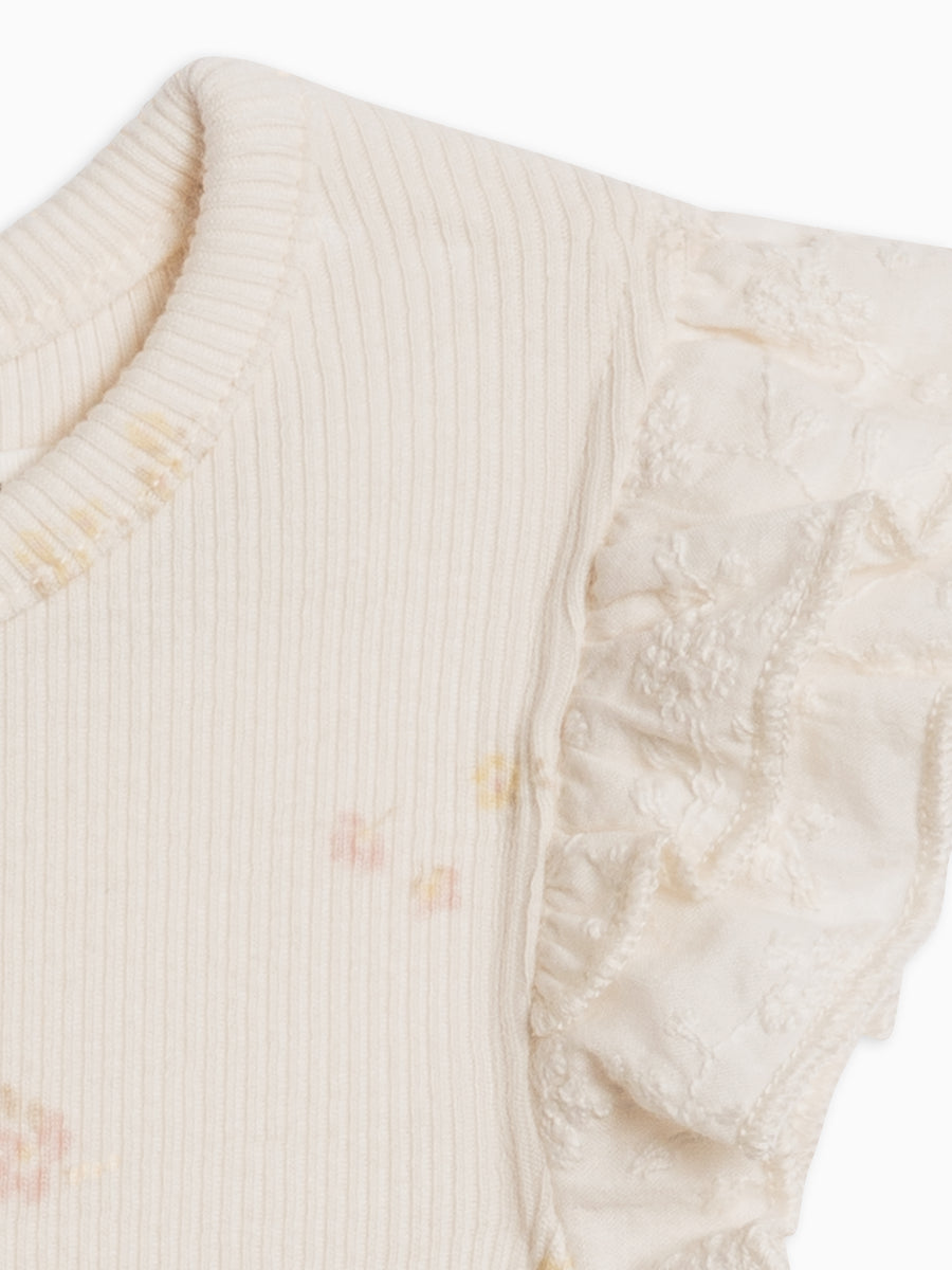 Maggie Ribbed Short Sleeve Bodysuit with Eyelet Ruffle Baby : One Pieces : Bodysuits : Short Sleeves Kendi Organic Cotton Baby Maggie Ribbed Short Sleeve Bodysuit with Eyelet Ruffle