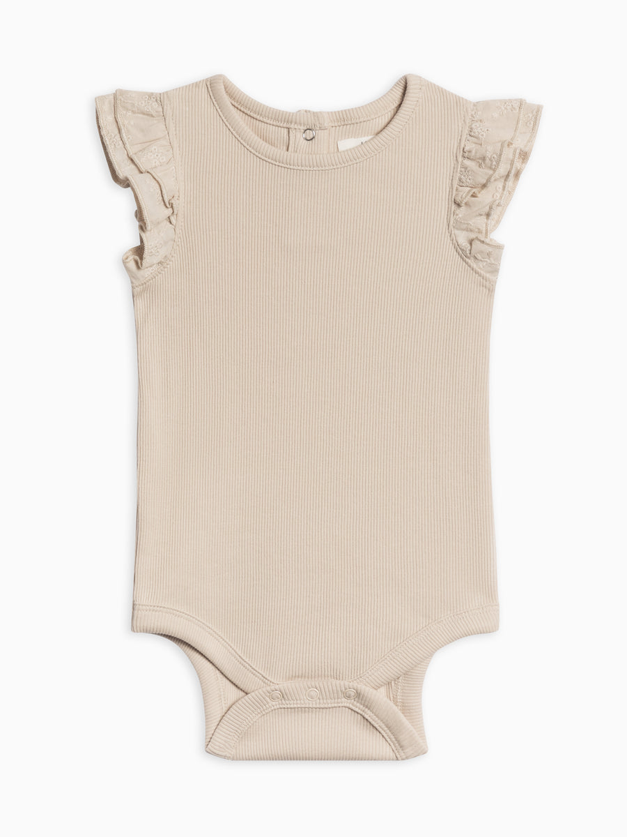 Maggie Ribbed Short Sleeve Bodysuit with Eyelet Ruffle Baby : One Pieces : Bodysuits : Short Sleeves Kendi Organic Cotton Baby Maggie Ribbed Short Sleeve Bodysuit with Eyelet Ruffle