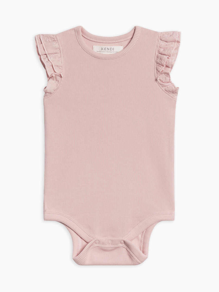 Maggie Ribbed Short Sleeve Bodysuit with Eyelet Ruffle Baby : One Pieces : Bodysuits : Short Sleeves Kendi Organic Cotton Baby Maggie Ribbed Short Sleeve Bodysuit with Eyelet Ruffle