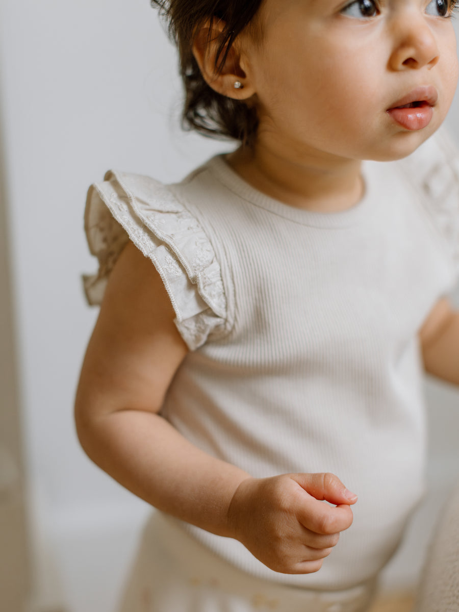 Daphne Ribbed Tank with Eyelet Ruffle Baby-Kids : Tops : Shirts : Short Sleeves Kendi Organic Cotton Baby and Kids Daphne Ribbed Tank with Eyelet Ruffle