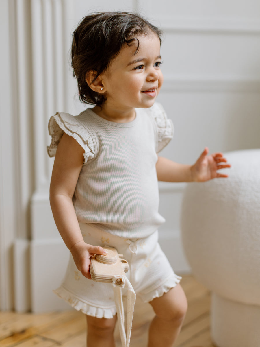 Daphne Ribbed Tank with Eyelet Ruffle Baby-Kids : Tops : Shirts : Short Sleeves Kendi Organic Cotton Baby and Kids Daphne Ribbed Tank with Eyelet Ruffle