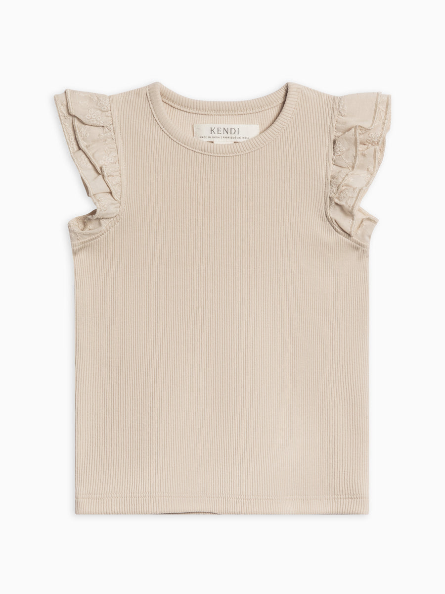 Daphne Ribbed Tank with Eyelet Ruffle Baby-Kids : Tops : Shirts : Short Sleeves Kendi Organic Cotton Baby and Kids Daphne Ribbed Tank with Eyelet Ruffle