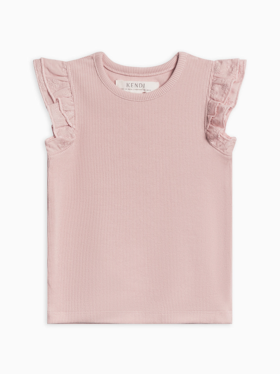 Daphne Ribbed Tank with Eyelet Ruffle Baby-Kids : Tops : Shirts : Short Sleeves Kendi Organic Cotton Baby and Kids Daphne Ribbed Tank with Eyelet Ruffle