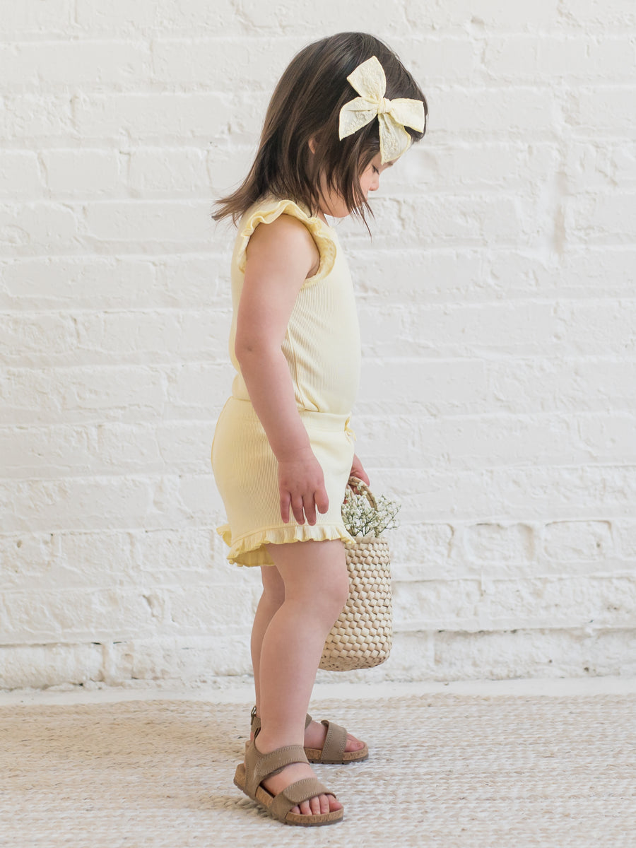 Lydia Ribbed Ruffle Shorts Baby-Kids : Bottoms : Shorts Kendi Organic Cotton Baby and Kids Lydia Ribbed Ruffle Shorts