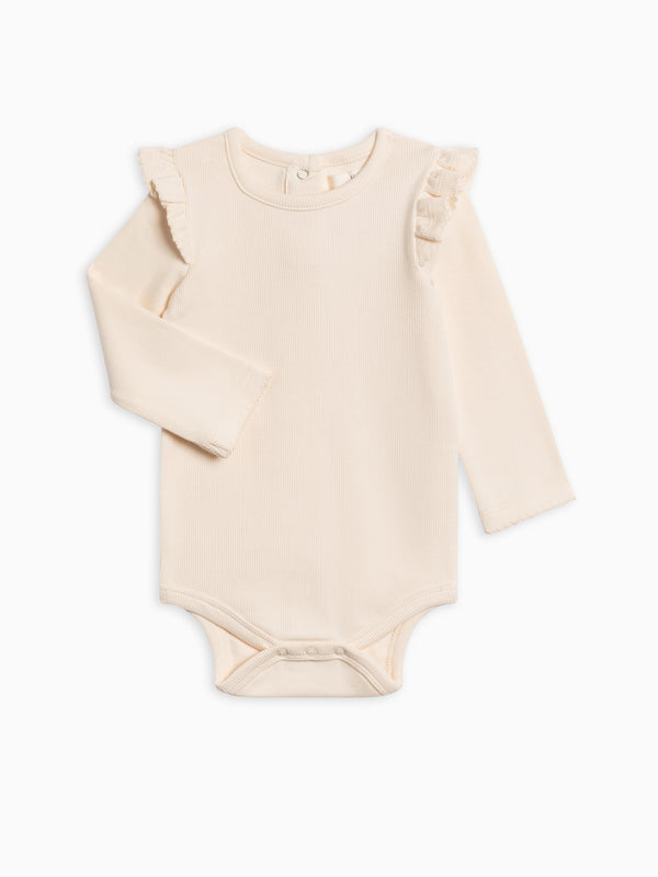 Leza Ribbed Ruffle Long Sleeve Bodysuit Baby : One Pieces : Bodysuits : Long Sleeves Kendi Organic Cotton Baby Leza Ribbed Ruffle Long Sleeve Bodysuit
