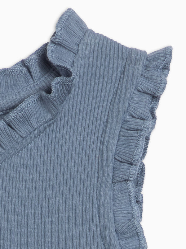 Leia Ribbed Ruffle Tank Bodysuit - Sea Baby : One Pieces : Bodysuits : Tanks KENDI by Colored Organics Leia Ribbed Ruffle Tank Bodysuit - Sea | Colored Organics®